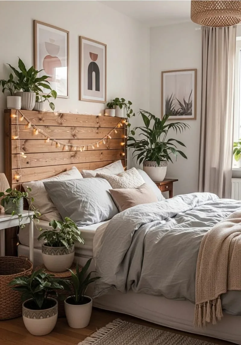 fairy lights draped across a wooden headboard with a soft glow in a tiny bedroom 1