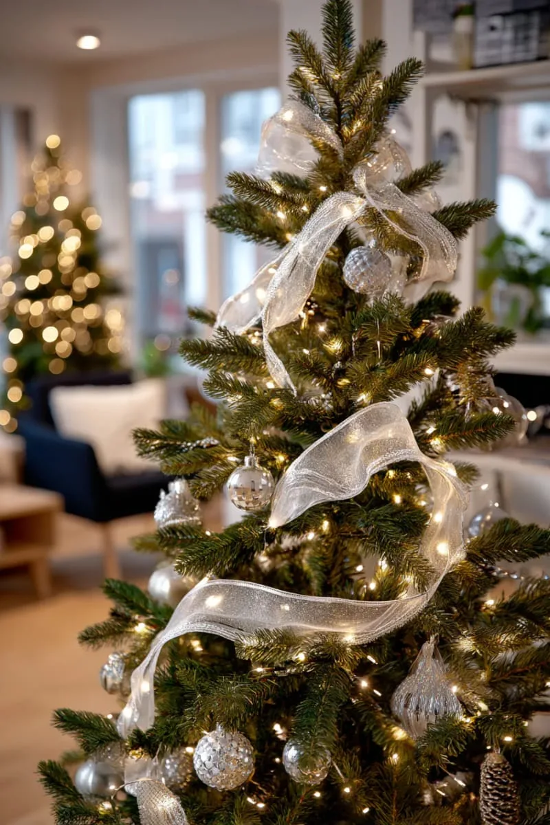 31 Dreamy Christmas Tree Decorations for a Unique Festive Touch 82 fairy lights woven with sheer ribbon for a magical, glowing centerpiece 1