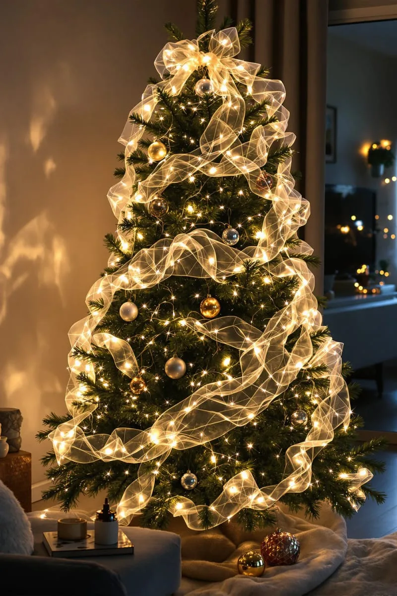 31 Dreamy Christmas Tree Decorations for a Unique Festive Touch 83 fairy lights woven with sheer ribbon for a magical, glowing centerpiece 1
