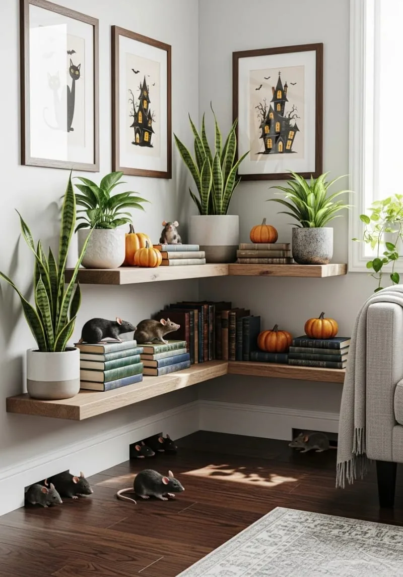 fake mice and rats peeking out from baseboards and shelves 1