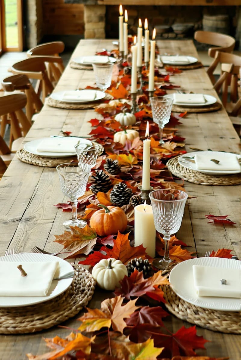 fall leaves runner atop a farmhouse-style dining table 1