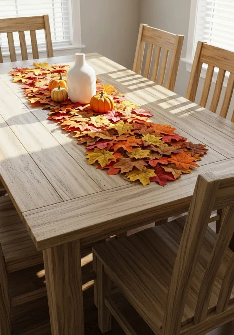 fall leaves runner atop a farmhouse-style dining table 1