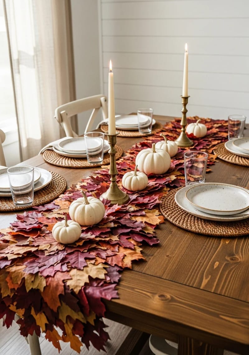 fall leaves runner atop a farmhouse-style dining table 1