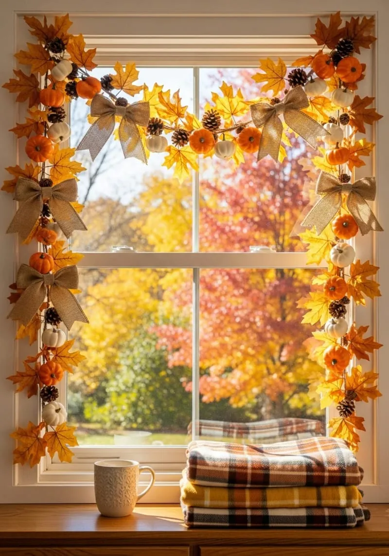 fall-themed garland with mini pumpkins and burlap bows on windows 1
