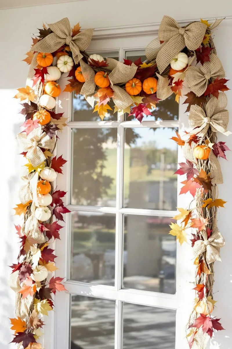 fall-themed garland with mini pumpkins and burlap bows on windows 1