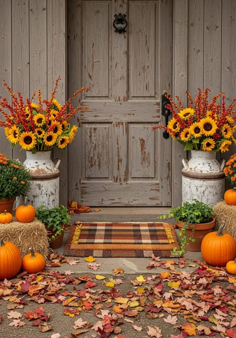 farmhouse milk jugs holding sunflowers and berry stems 1 farmhouse milk jugs holding sunflowers and berry stems 1