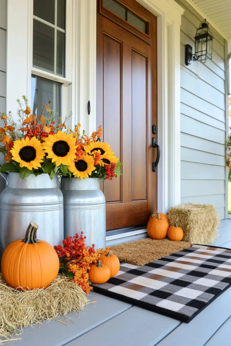 farmhouse milk jugs holding sunflowers and berry stems 1 farmhouse milk jugs holding sunflowers and berry stems 1