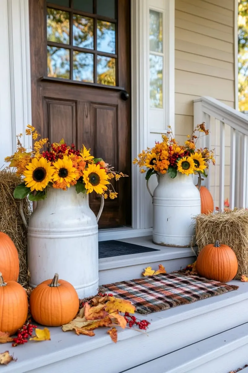 farmhouse milk jugs holding sunflowers and berry stems 1 farmhouse milk jugs holding sunflowers and berry stems 1