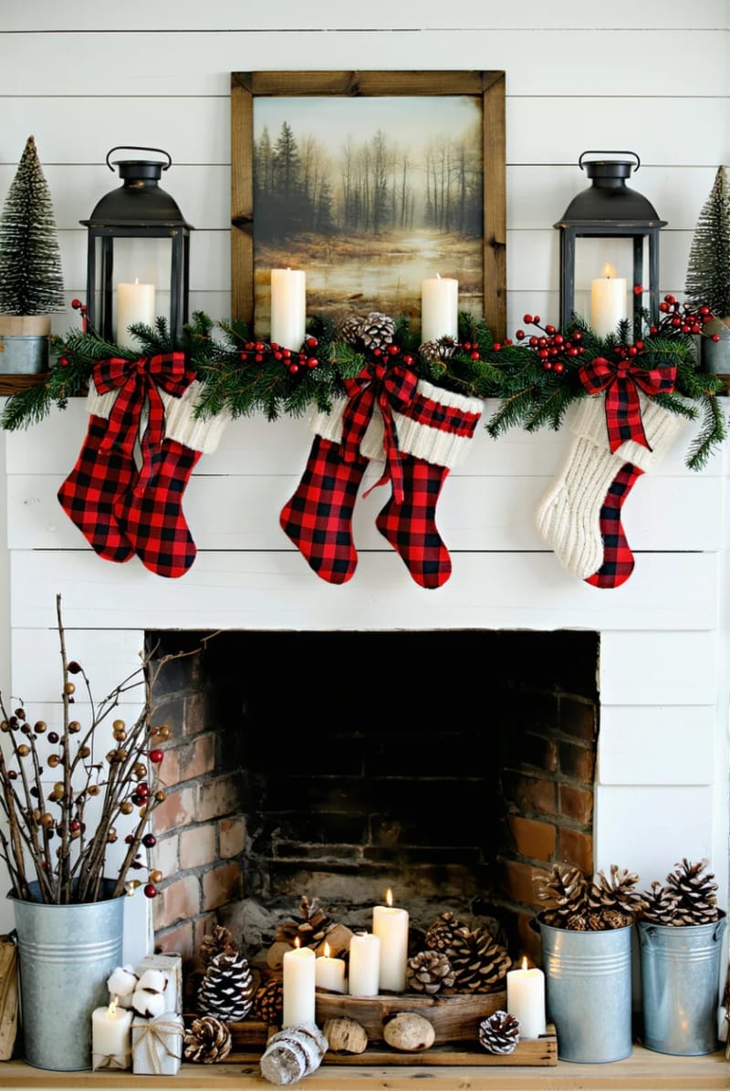 farmhouse-style mantel draped with plaid ribbons and red berry sprigs 1