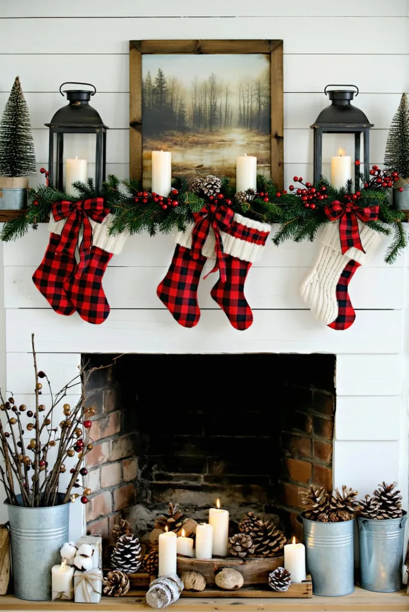 31 Trendy Christmas Decor Ideas for a Magical Home 51 farmhouse-style mantel draped with plaid ribbons and red berry sprigs 1