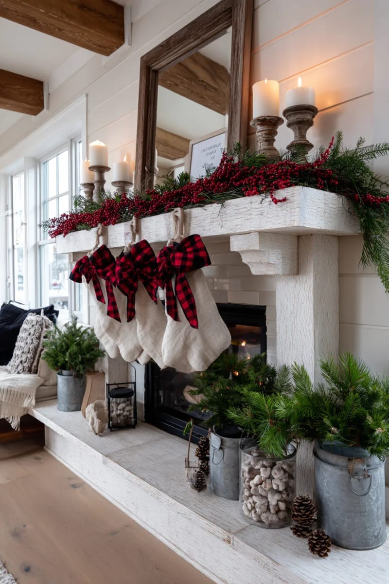 farmhouse-style mantel draped with plaid ribbons and red berry sprigs 1