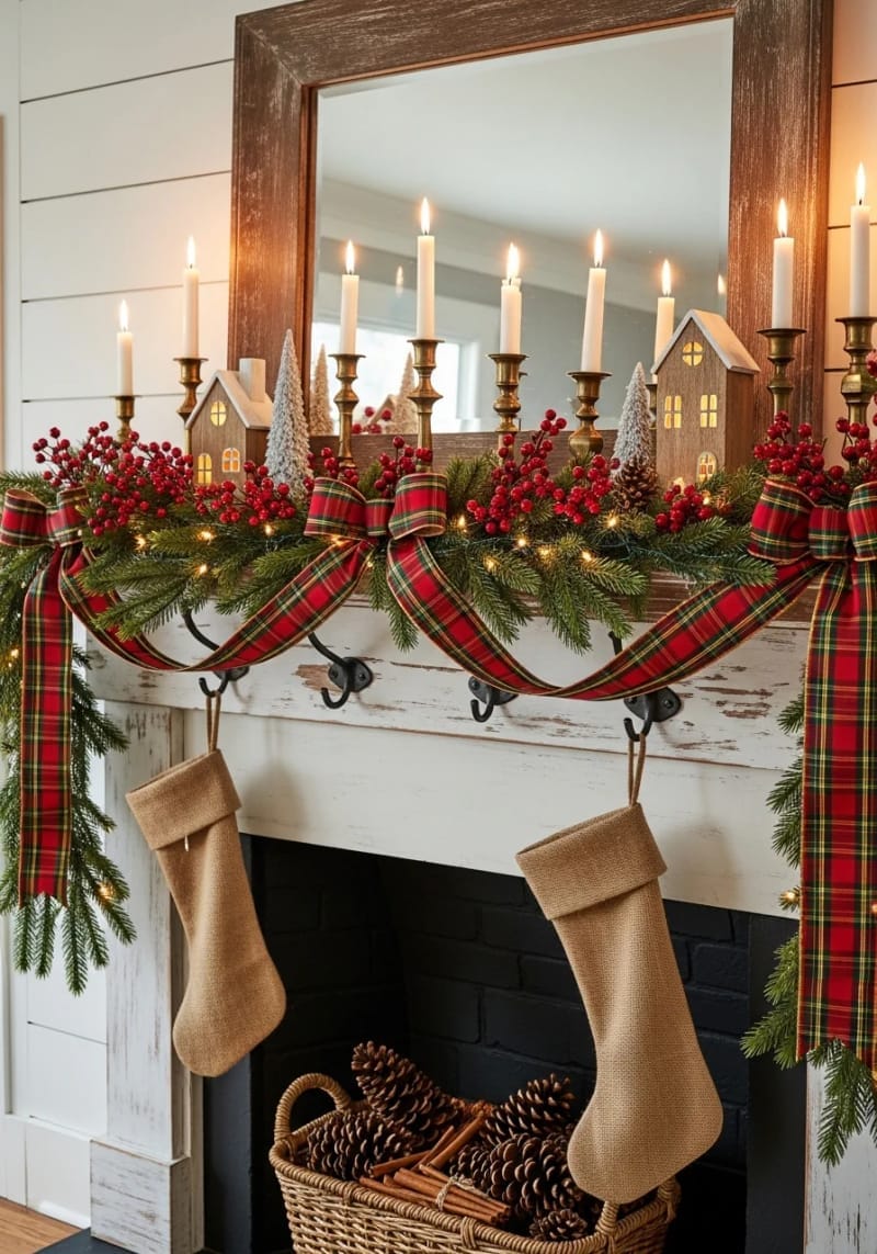 farmhouse-style mantel draped with plaid ribbons and red berry sprigs 1