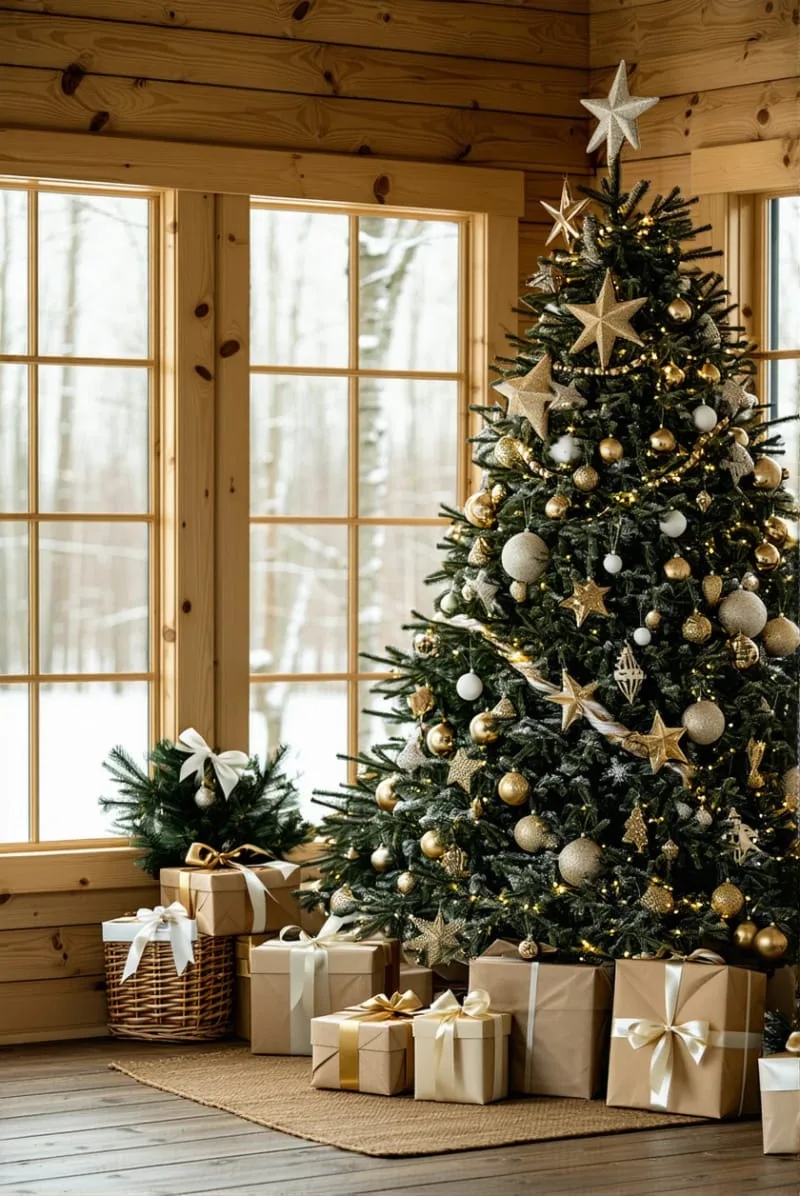 farmhouse style with wood bead garland, cotton stems, and rustic stars 1