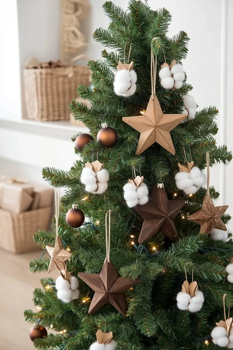 farmhouse style with wood bead garland, cotton stems, and rustic stars 1