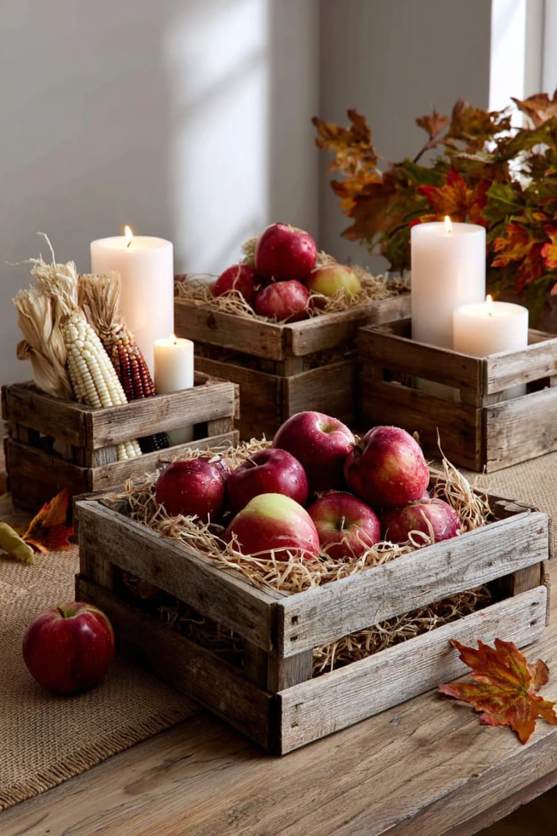 farmhouse-style wooden crates filled with apples, cornhusks, and candles 1