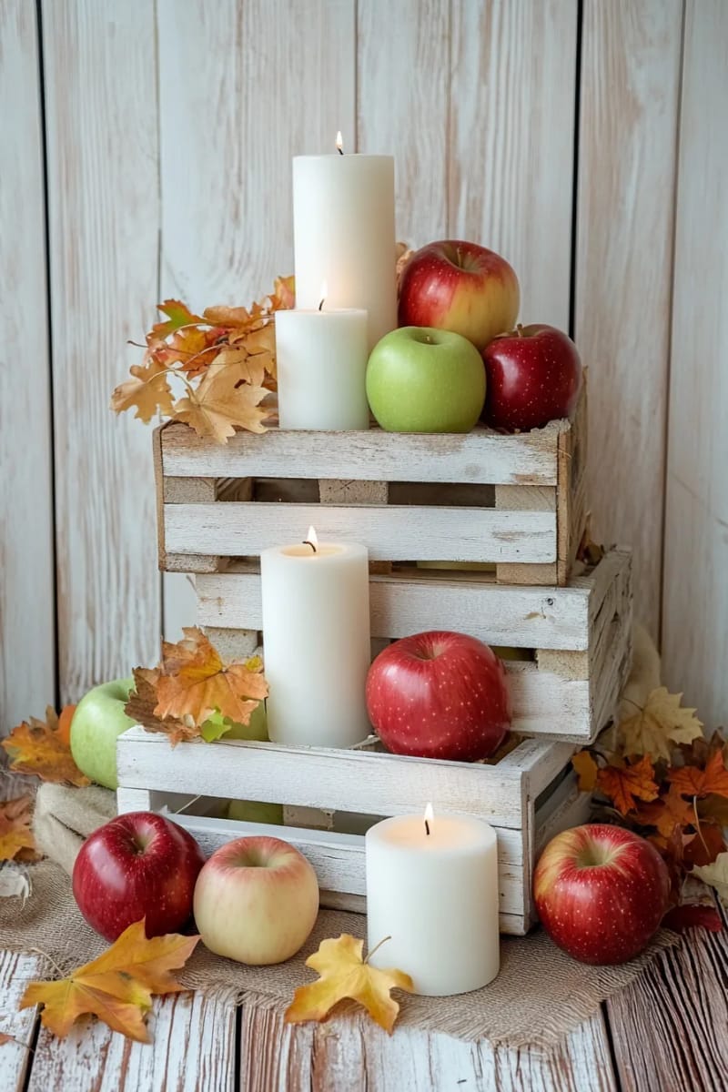 farmhouse-style wooden crates filled with apples, cornhusks, and candles 1