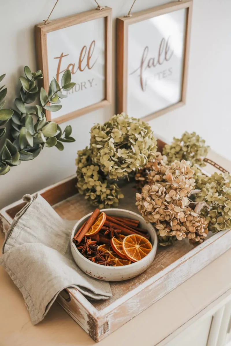 farmhouse tray with spiced potpourri and dried hydrangeas 1