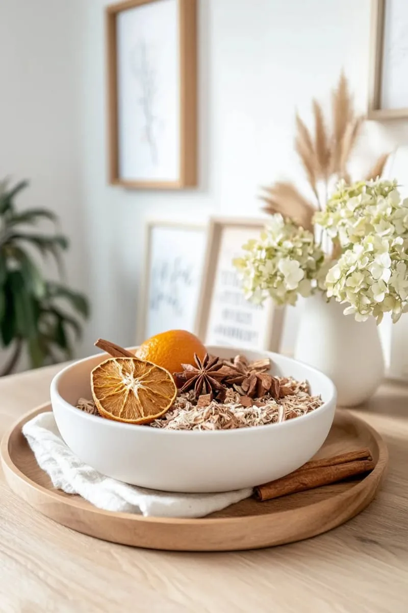 farmhouse tray with spiced potpourri and dried hydrangeas 1