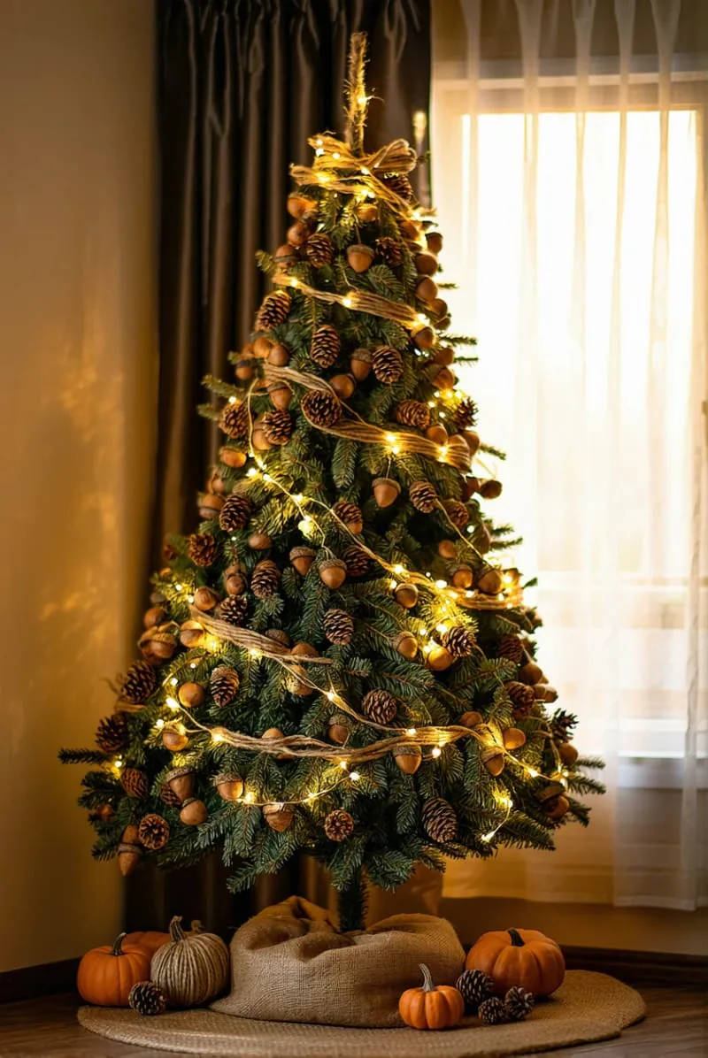 faux acorn and pine garland wrapped throughout the tree 1
