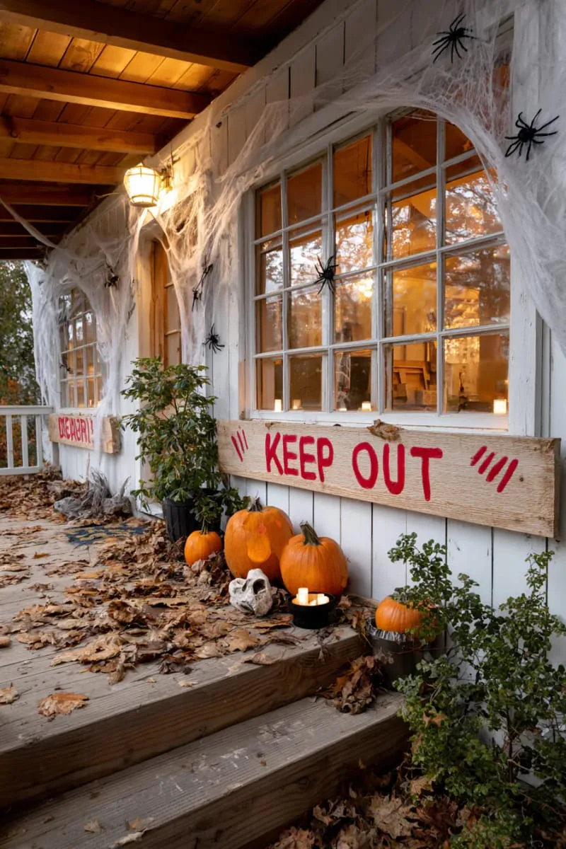 21 Halloween Porch Decorations: Ideas For A Unique Festive Entryway 66 faux boarded-up windows with spooky warning messages 1