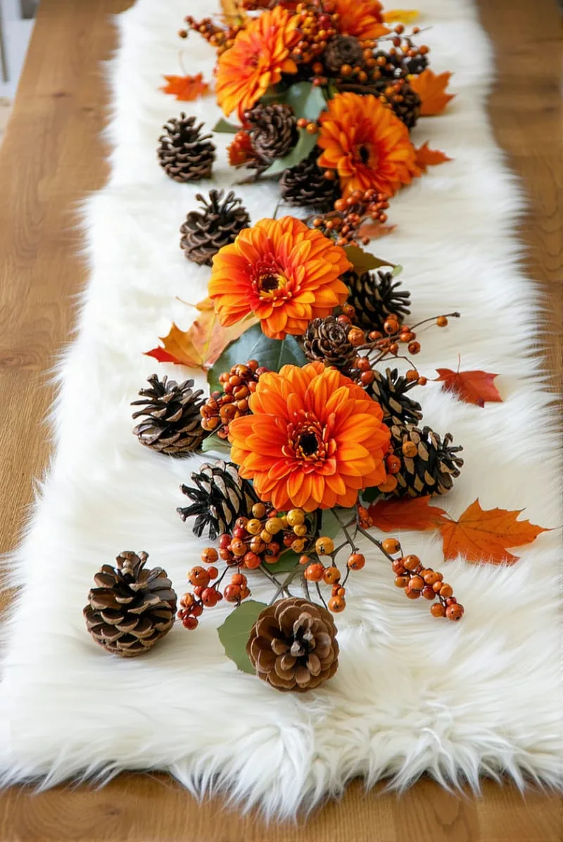 faux fur runner with clusters of orange mums and pinecones 1 faux fur runner with clusters of orange mums and pinecones 1