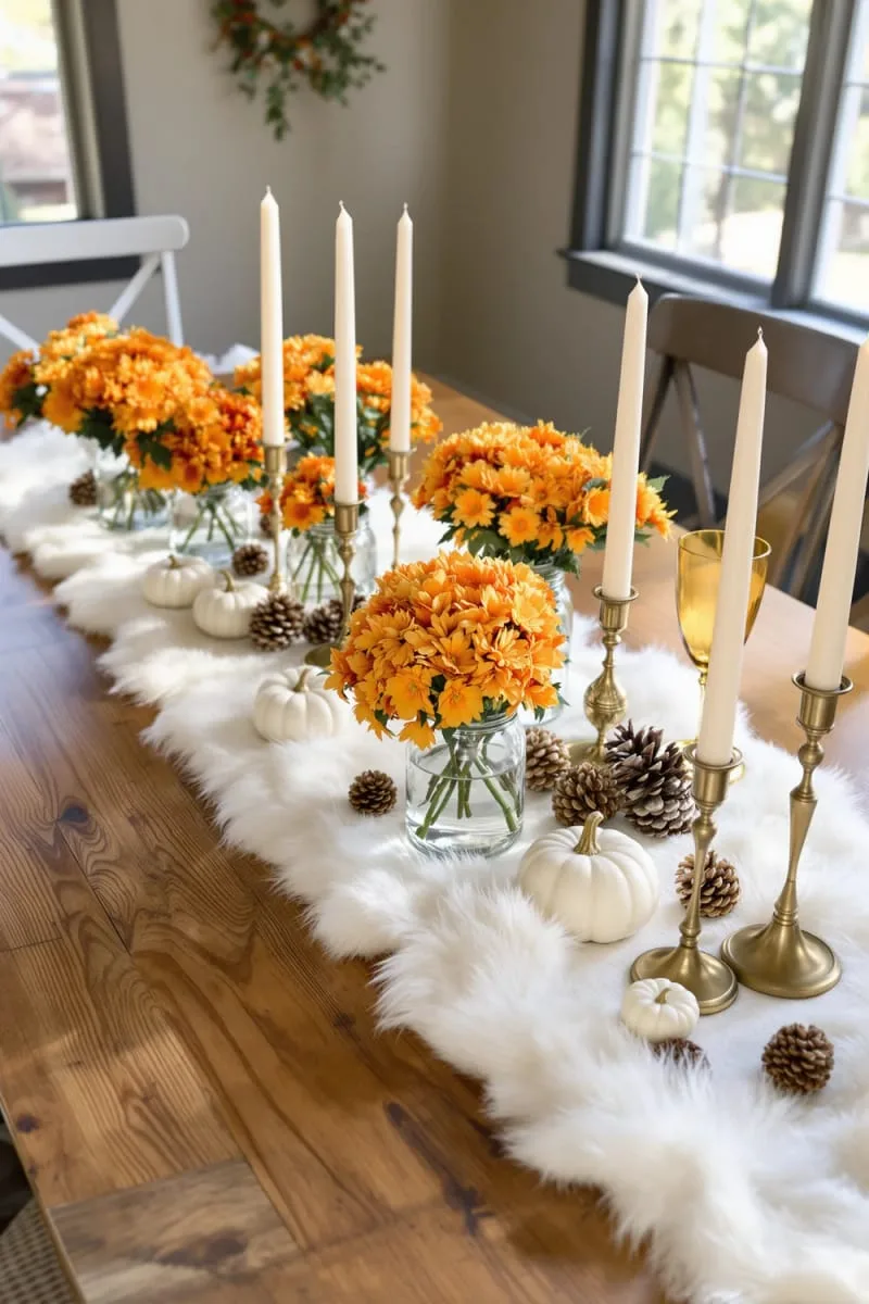 faux fur runner with clusters of orange mums and pinecones 1 faux fur runner with clusters of orange mums and pinecones 1