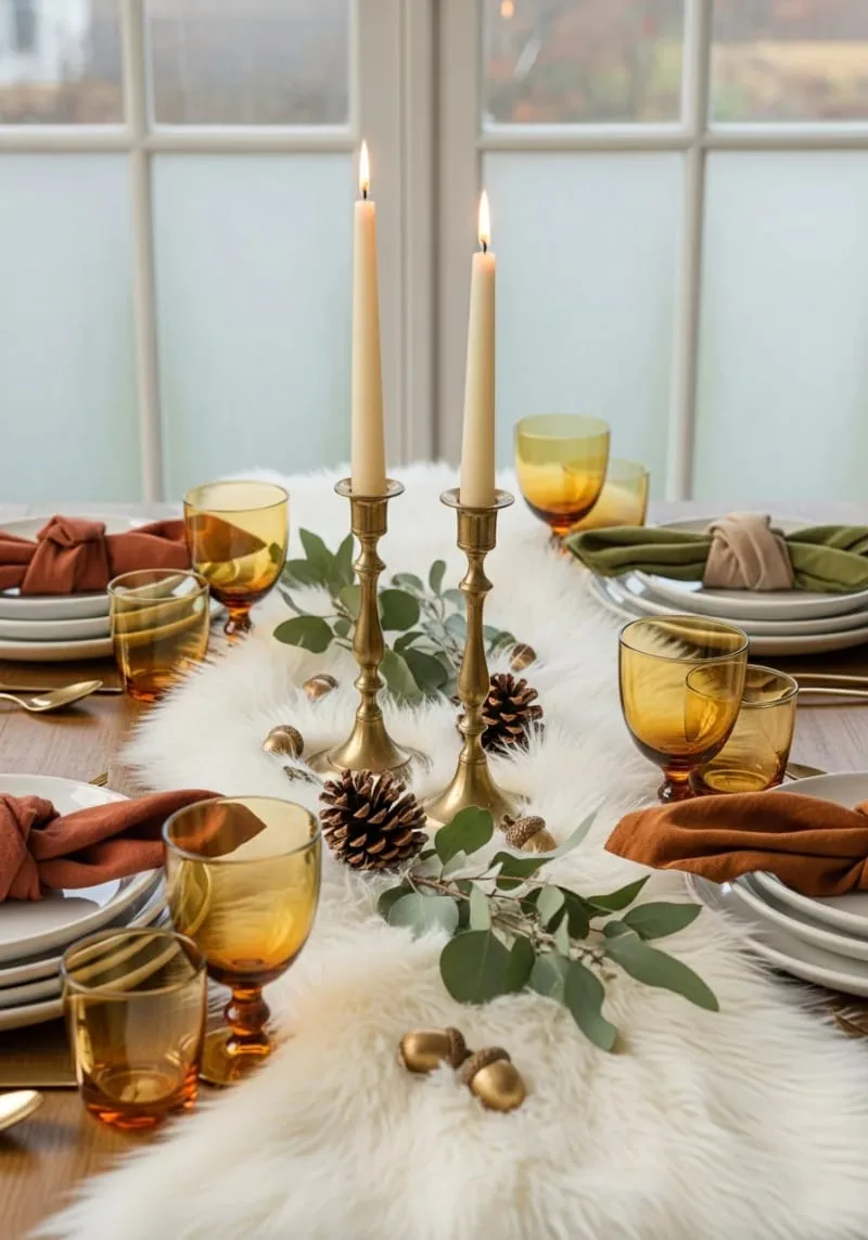 faux fur table runner paired with brass candlesticks 1 faux fur table runner paired with brass candlesticks 1
