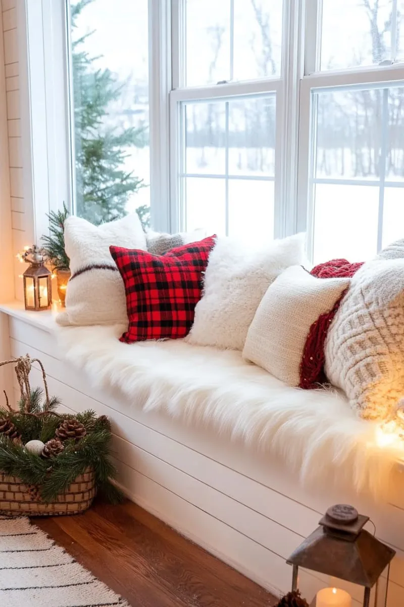 faux fur throws and pillows piled on a shiplap window seat 1