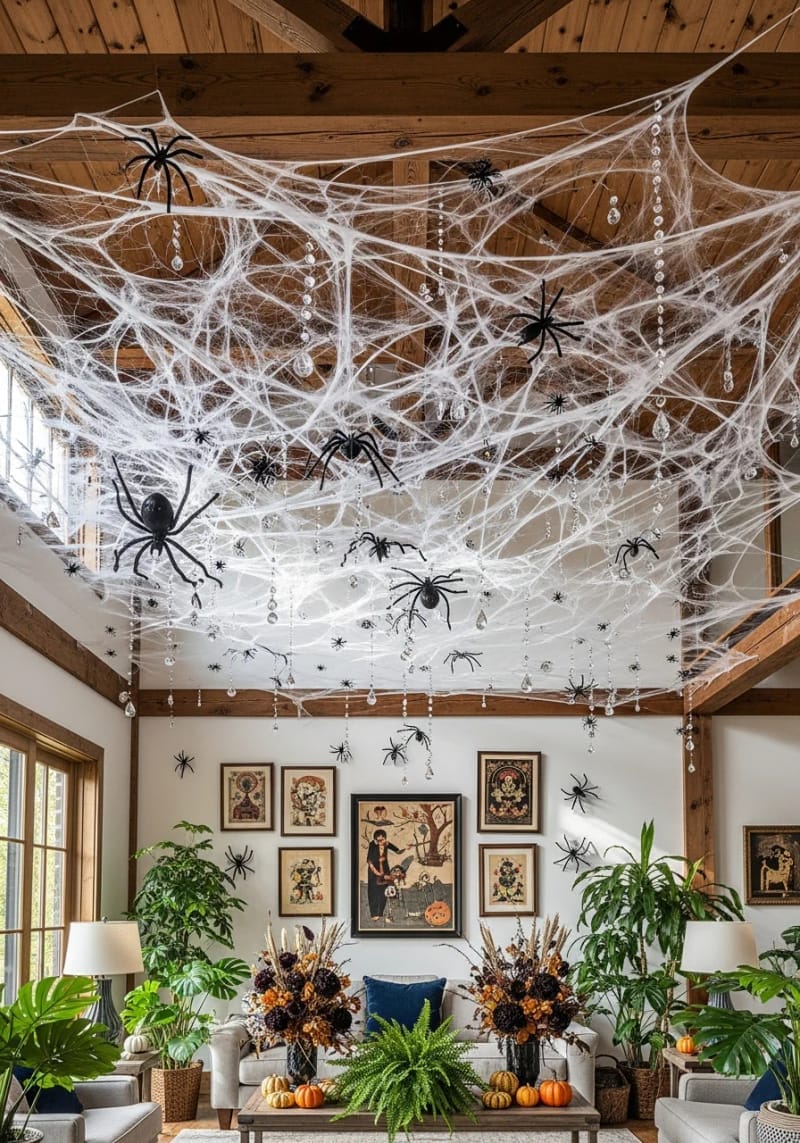 faux spiderweb ceiling canopy with crystal “dew drop” beads 1