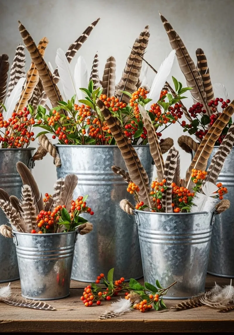 feather and berry clusters in galvanized buckets 1