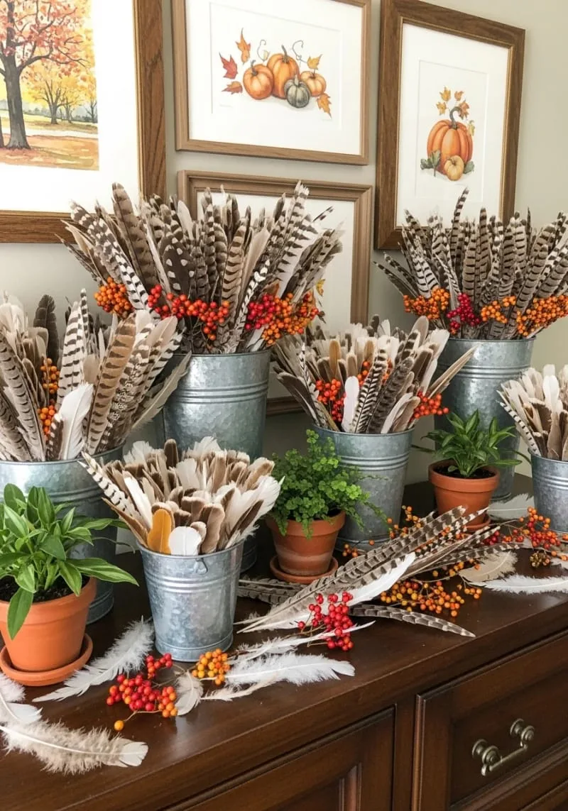 feather and berry clusters in galvanized buckets 1