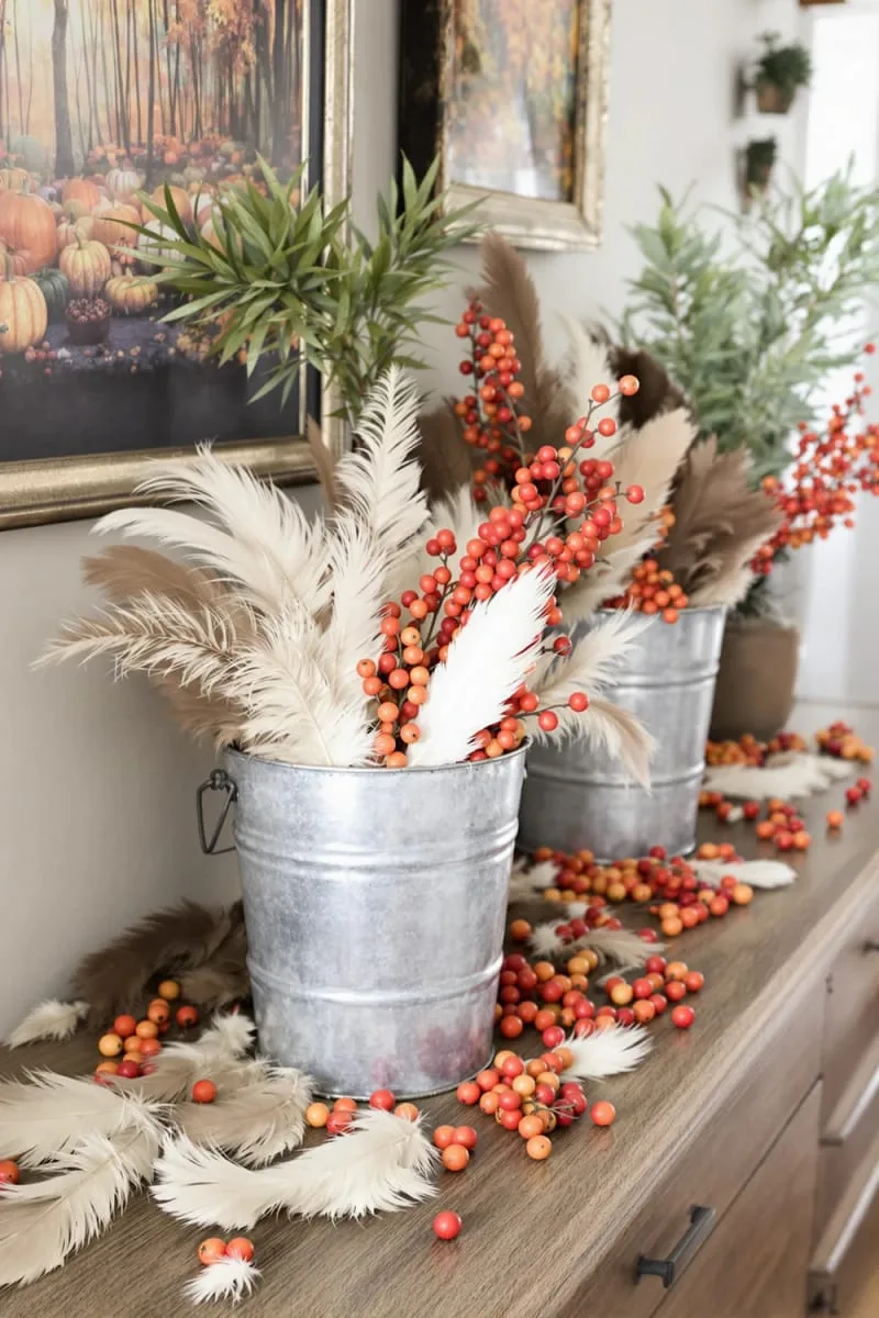 feather and berry clusters in galvanized buckets 1