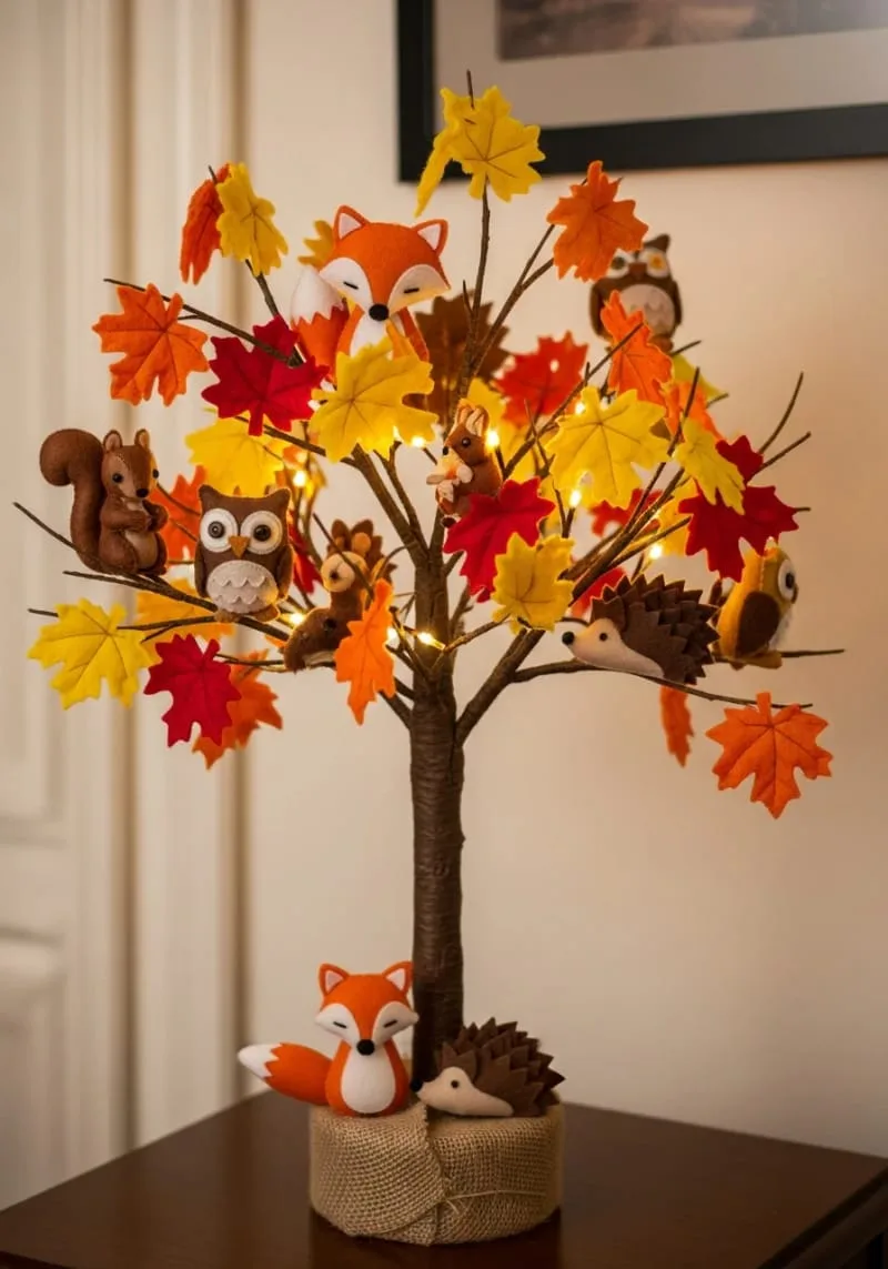 felt woodland animal ornaments peeking between branches 1