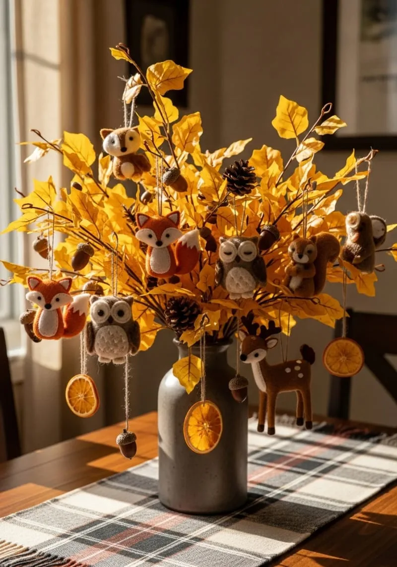 felt woodland animal ornaments peeking between branches 1