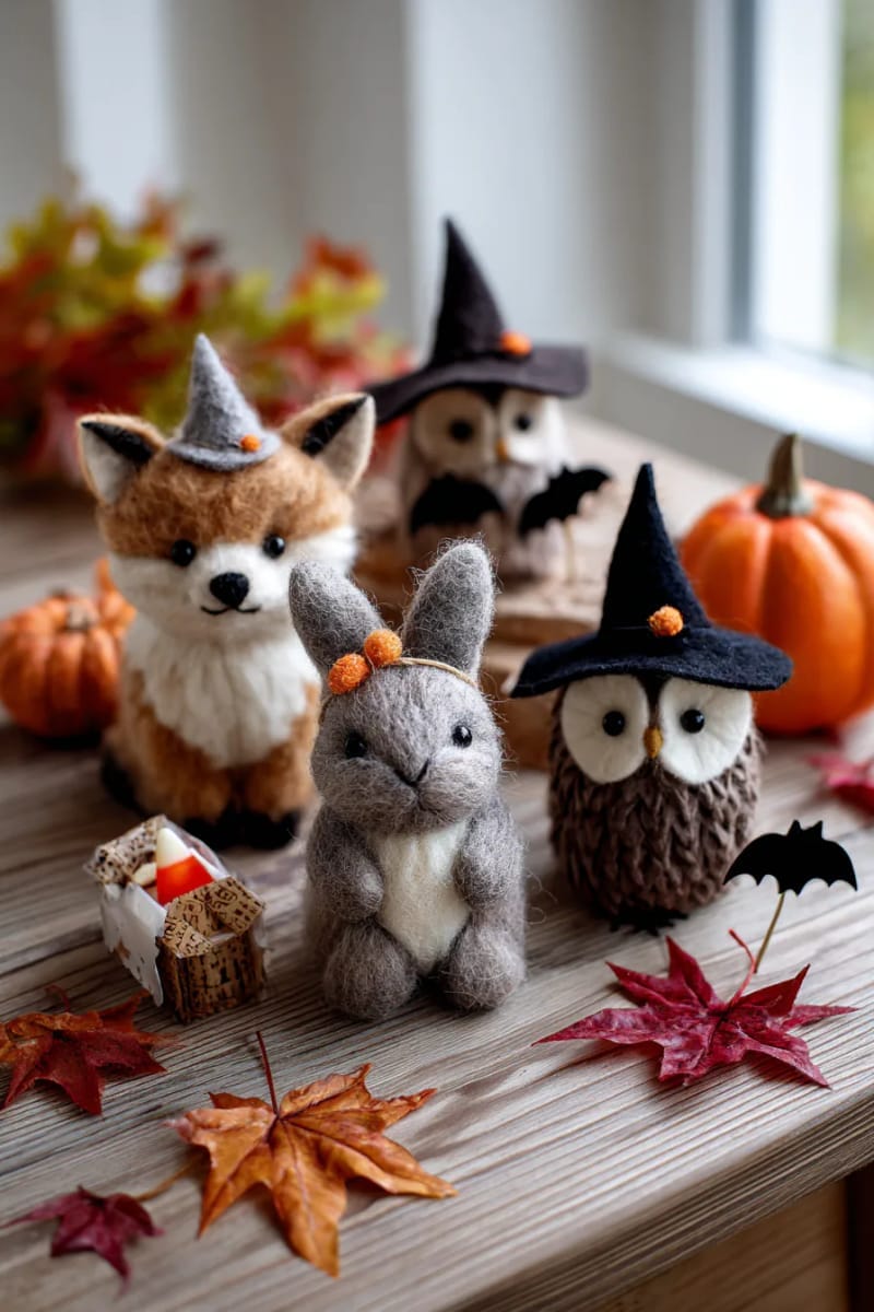 felt woodland creatures with subtle halloween accessories 1