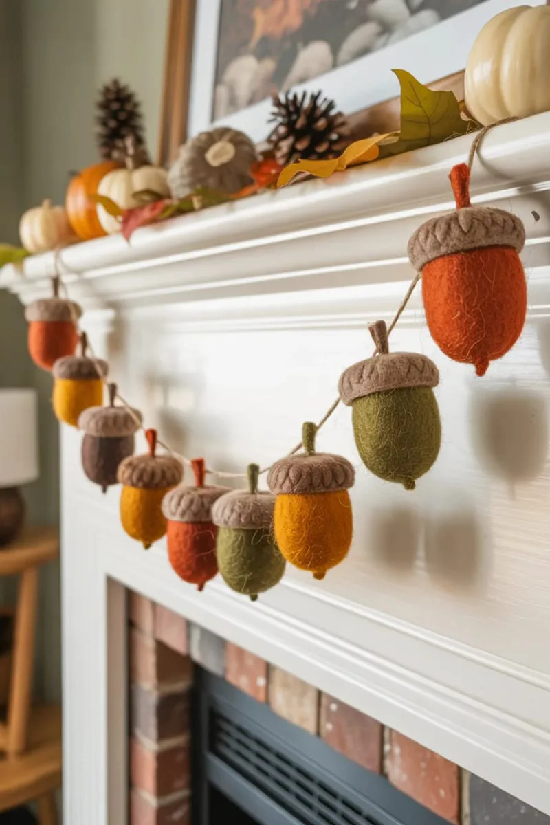felted acorn garland strung along a fireplace or headboard 1
