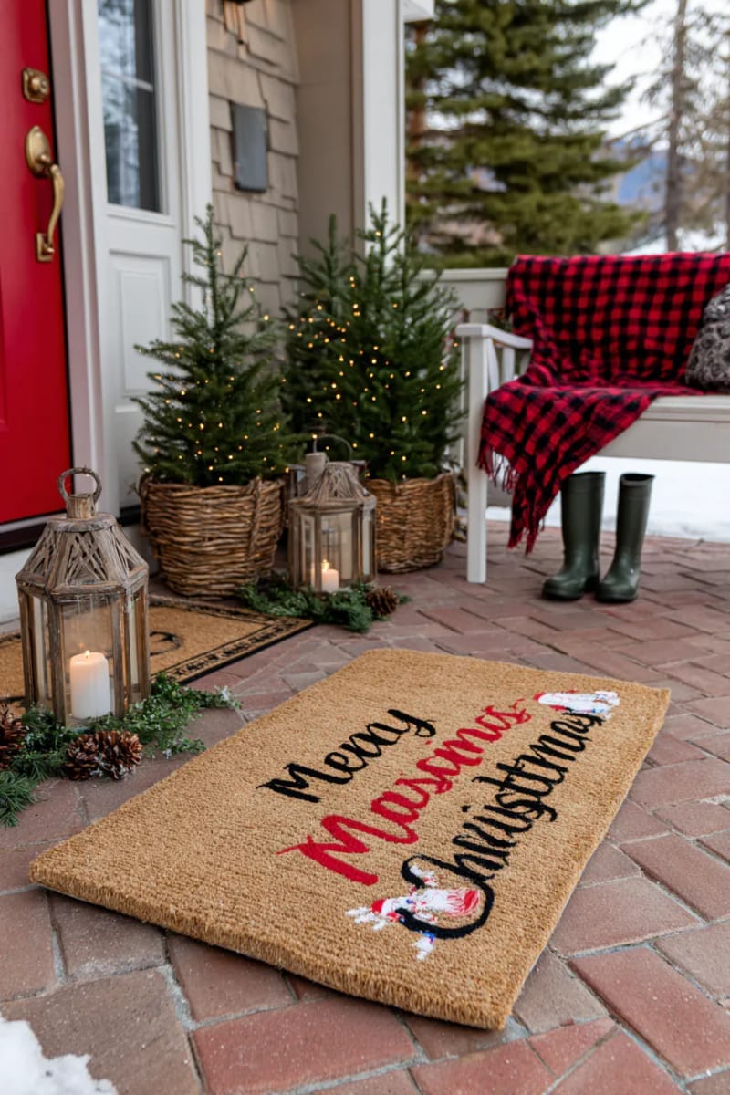 31 Outdoor Christmas Decorations: Ideas for a Magical Welcome 59 festive doormat surrounded by mini fir trees in baskets 1
