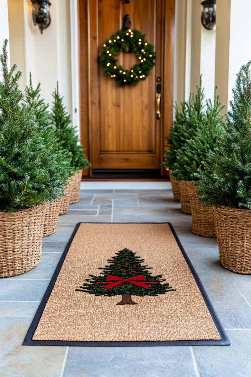 31 Outdoor Christmas Decorations: Ideas for a Magical Welcome 60 festive doormat surrounded by mini fir trees in baskets 1