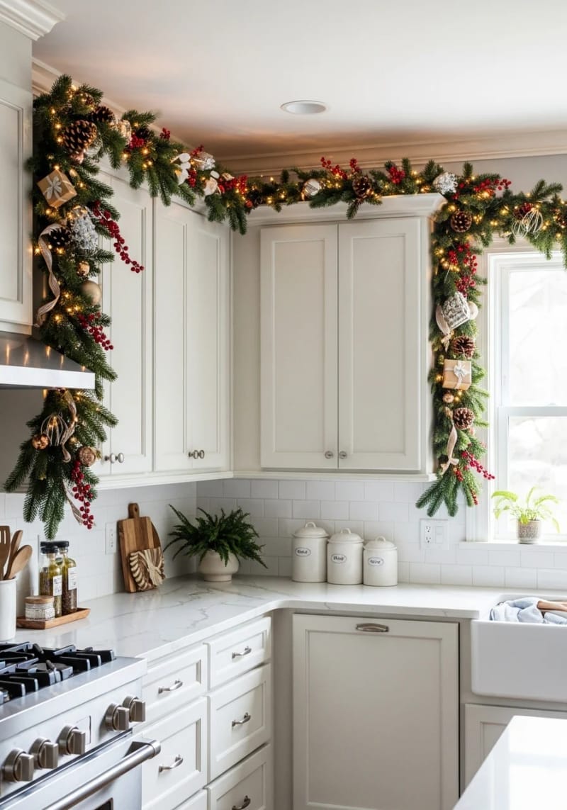 festive garlands styled above cabinets for a holiday-inspired kitchen décor 1