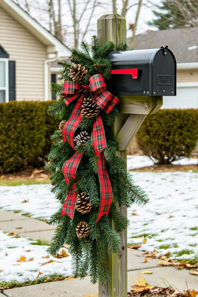 festive mailbox swags with plaid ribbon and pinecones 1