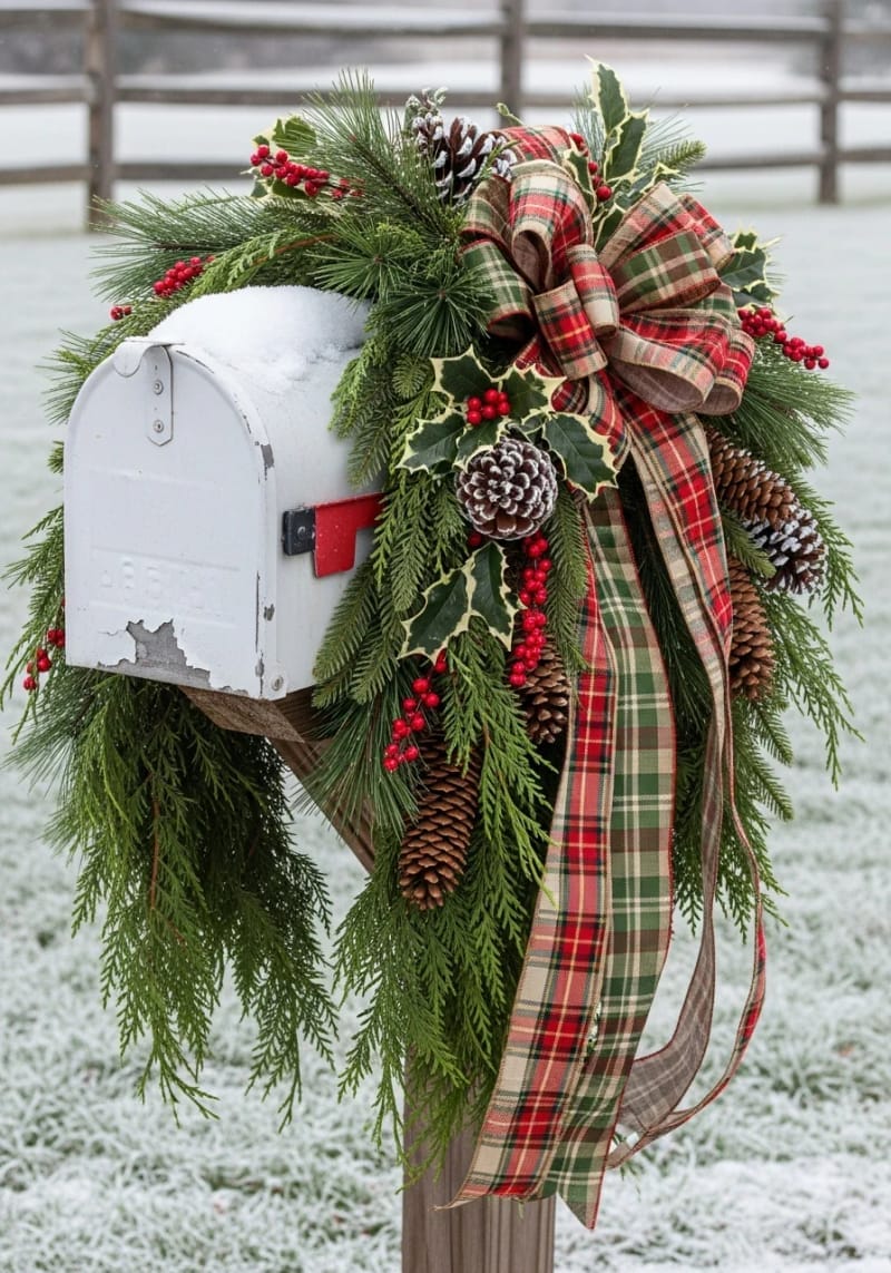 31 Outdoor Christmas Decorations: Ideas for a Magical Welcome 57 festive mailbox swags with plaid ribbon and pinecones 1