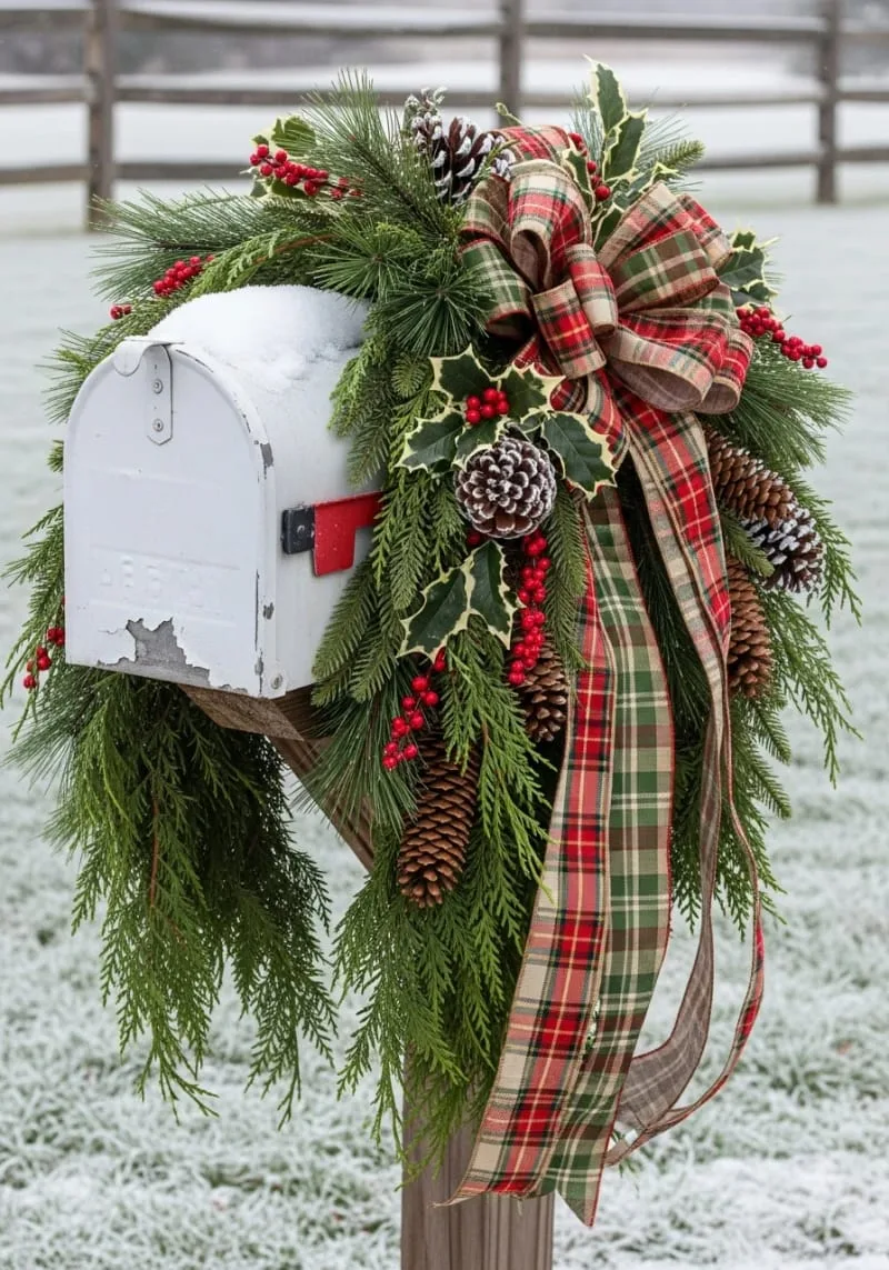 festive mailbox swags with plaid ribbon and pinecones 1
