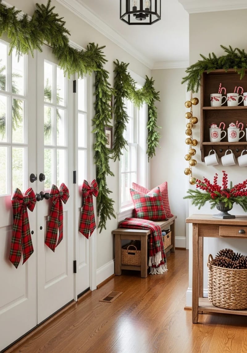 festive plaid bows on every interior door handle 1