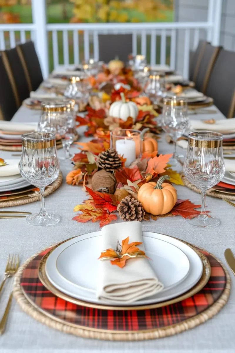 festive tablescape with plaid chargers and gold leaf napkin rings 1