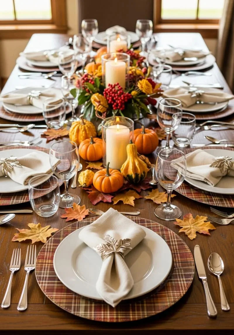 festive tablescape with plaid chargers and gold leaf napkin rings 1