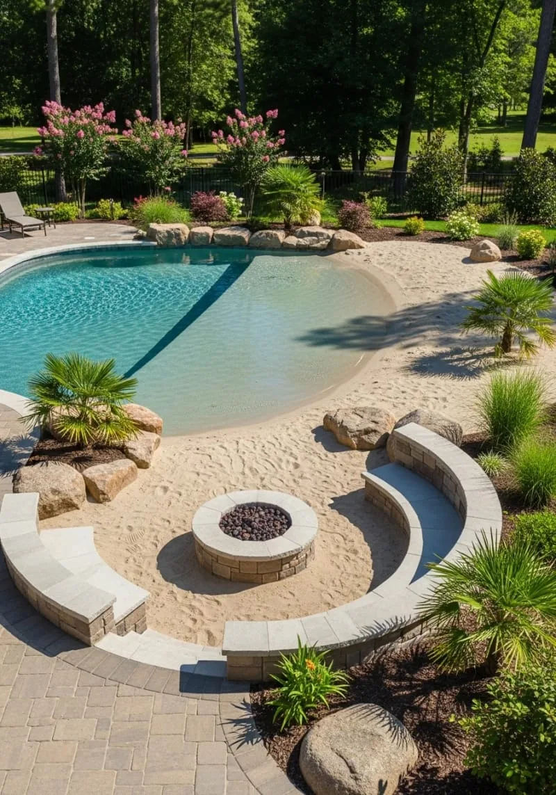 firepit seating built into a sandy pool cove 1
