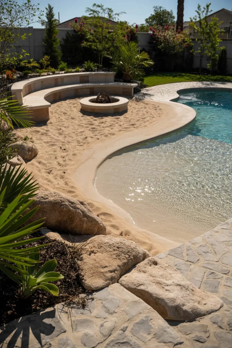 firepit seating built into a sandy pool cove 1