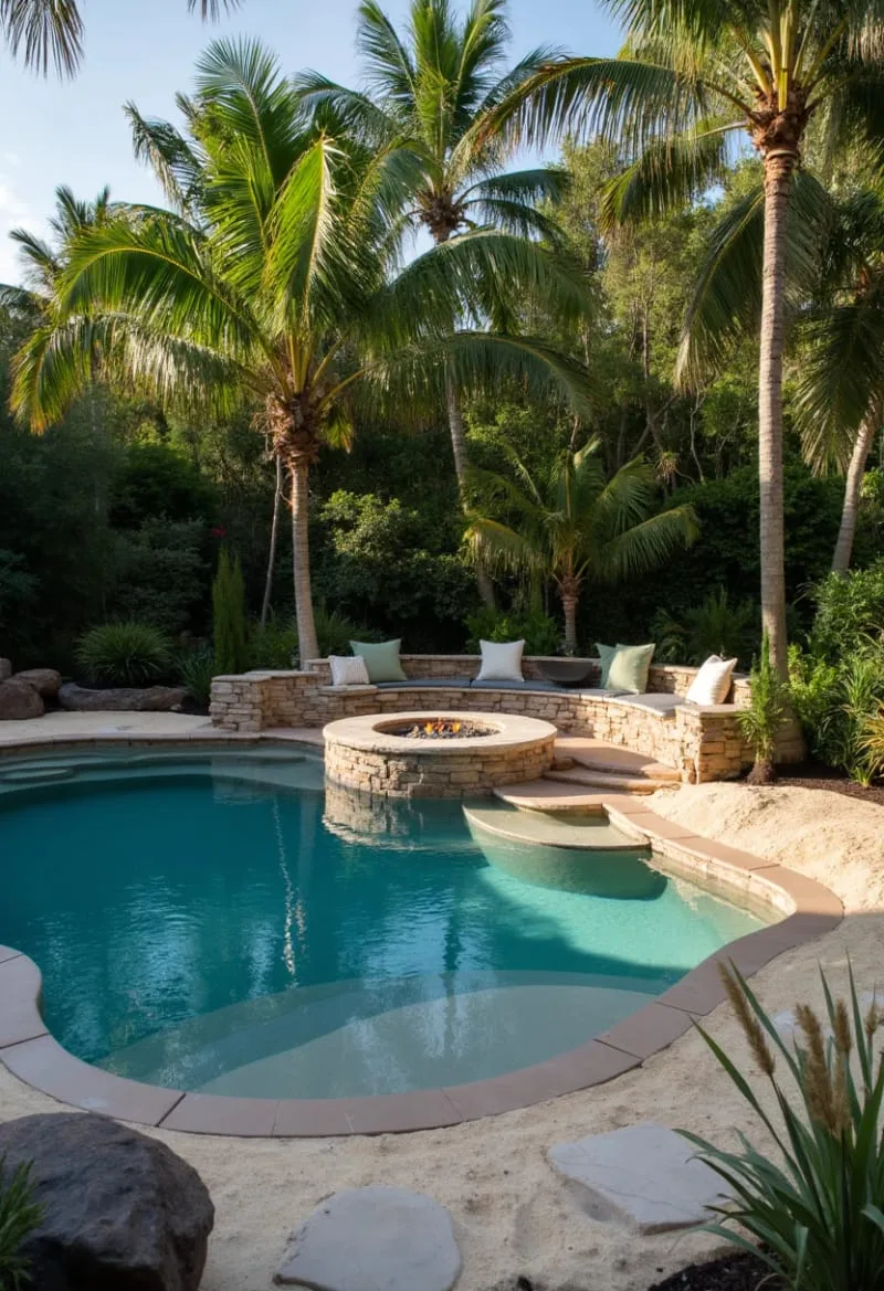 firepit seating built into a sandy pool cove 1