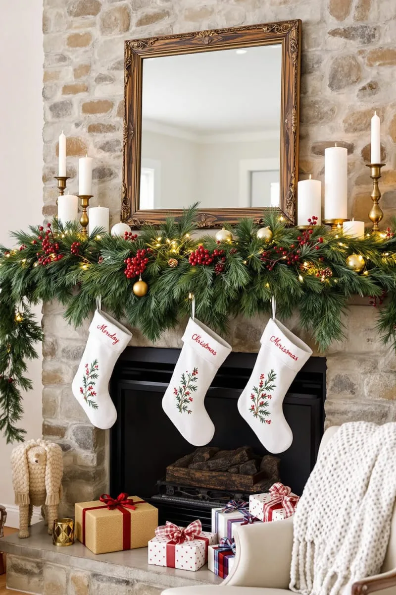 fireplace mantle with lush pine garland and red berry clusters 1