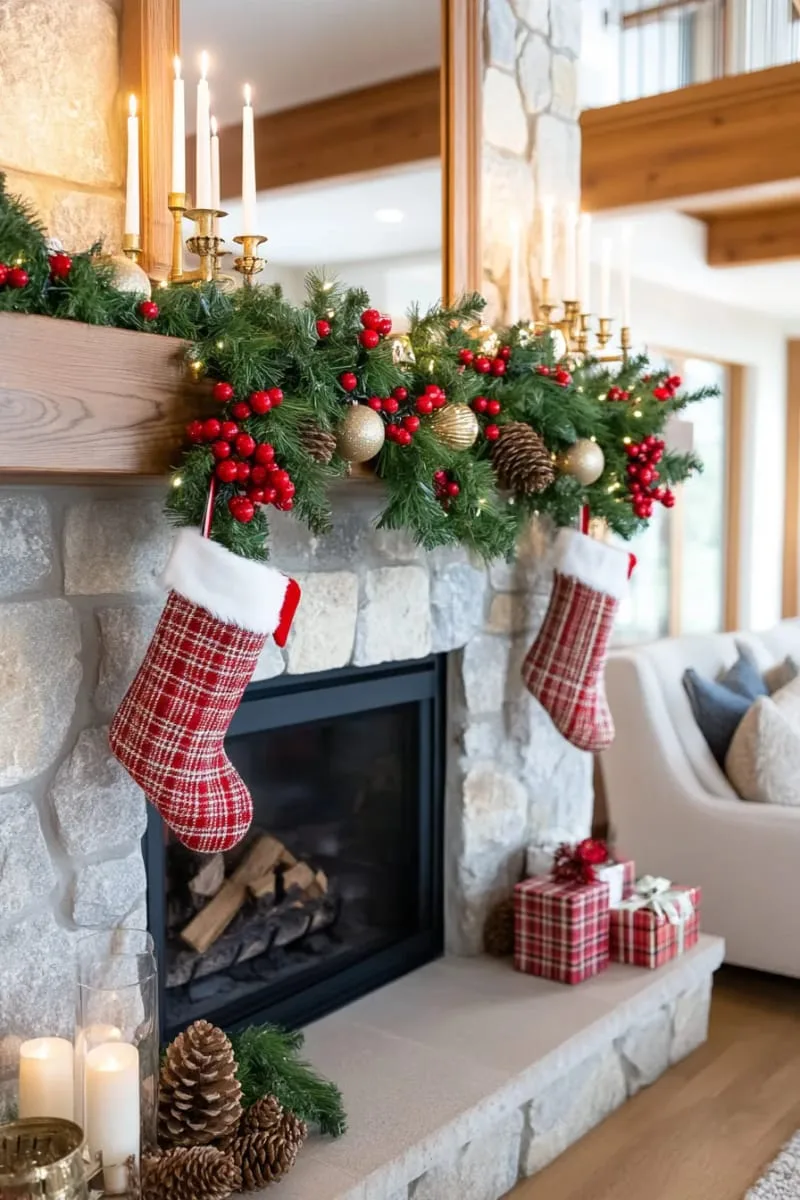 fireplace mantle with lush pine garland and red berry clusters 1